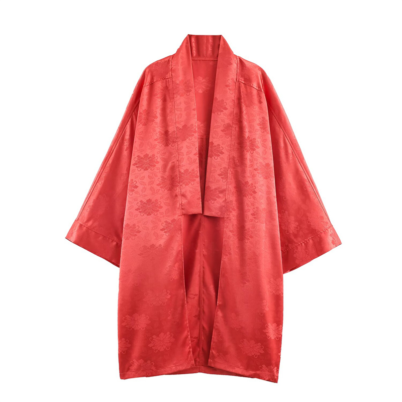 Embroidery Origin - 2026 lente dameskimono van rood bloemenjacquard