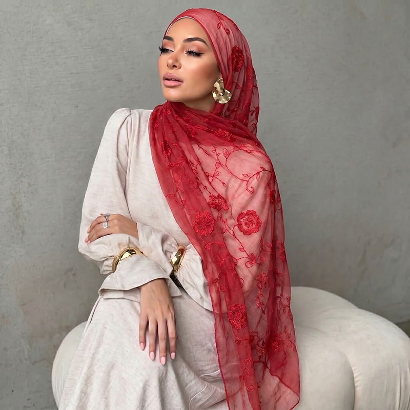 Embroidery Print - Bloemenborduurwerk moslim hijab doorschijnende sjaal zachte