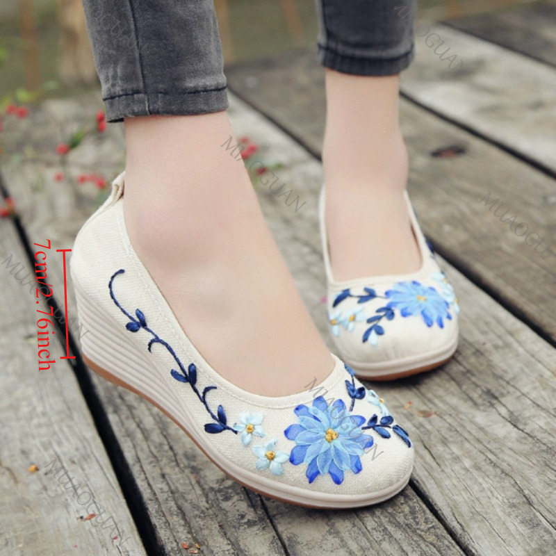 Embroidery Canvas - Geborduurde dames comfort wedge platform schoenen