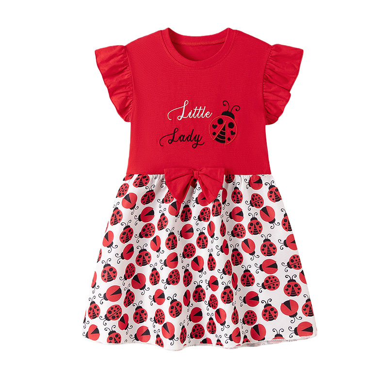 Embroidery Lady Bug - Meisjesjurken met korte mouwen 2-7T Lieveheersbeestje